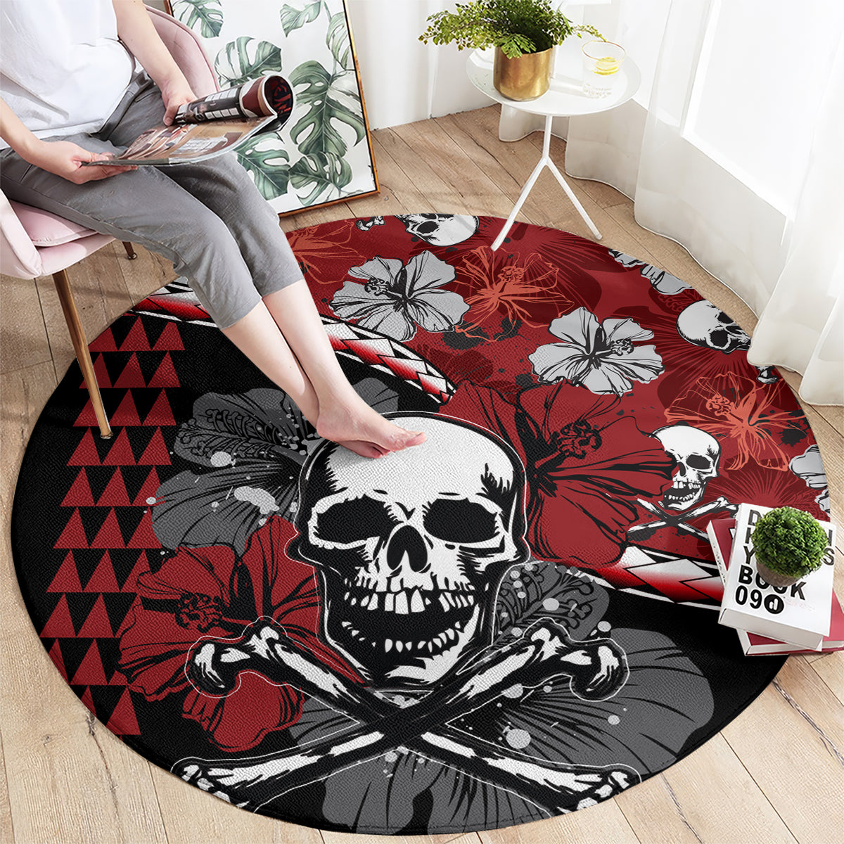 Hawaii Halloween Round Carpet Hibiscus Skull Kakau Pattern LT01 - Polynesian Pride