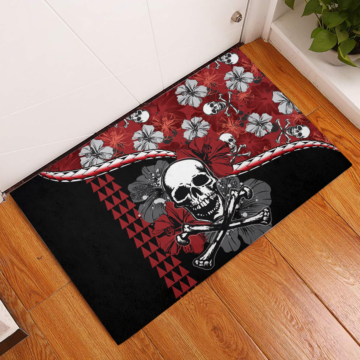 Hawaii Halloween Rubber Doormat Hibiscus Skull Kakau Pattern LT01 Red - Polynesian Pride