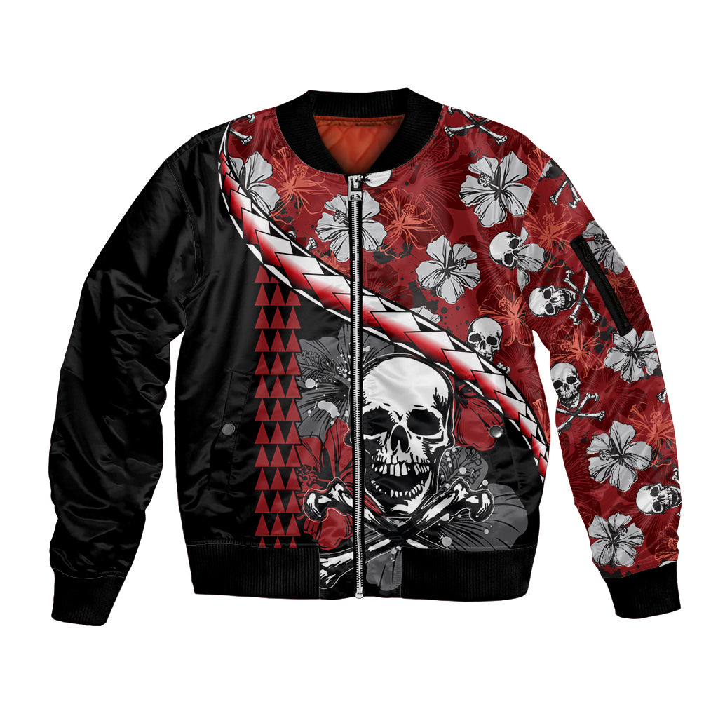 Hawaii Halloween Sleeve Zip Bomber Jacket Hibiscus Skull Kakau Pattern LT01 Unisex Red - Polynesian Pride
