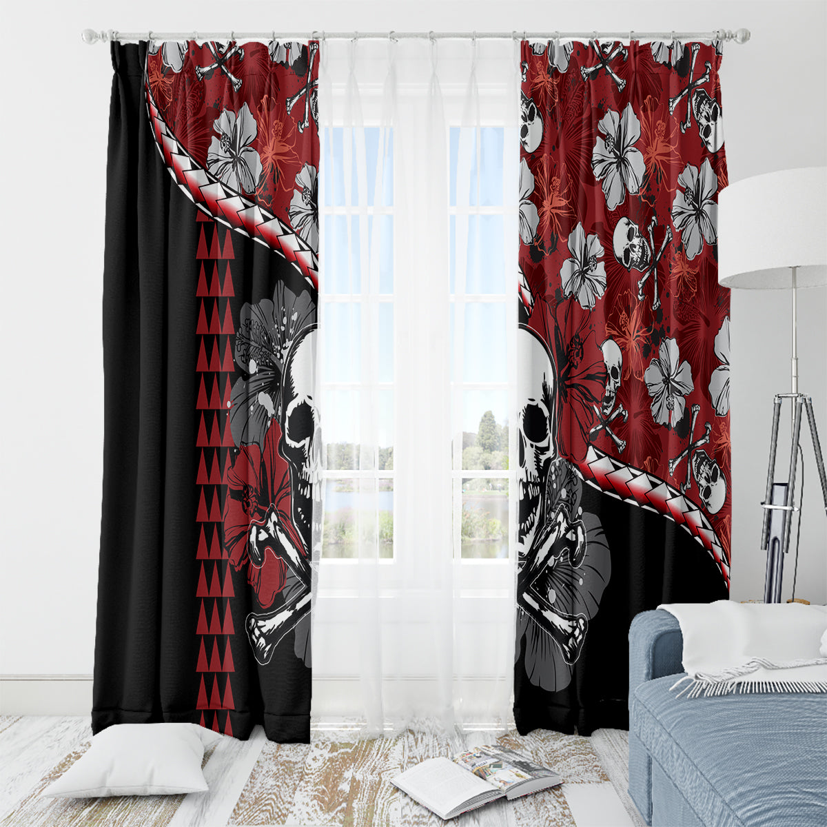 Hawaii Halloween Window Curtain Hibiscus Skull Kakau Pattern LT01 - Polynesian Pride
