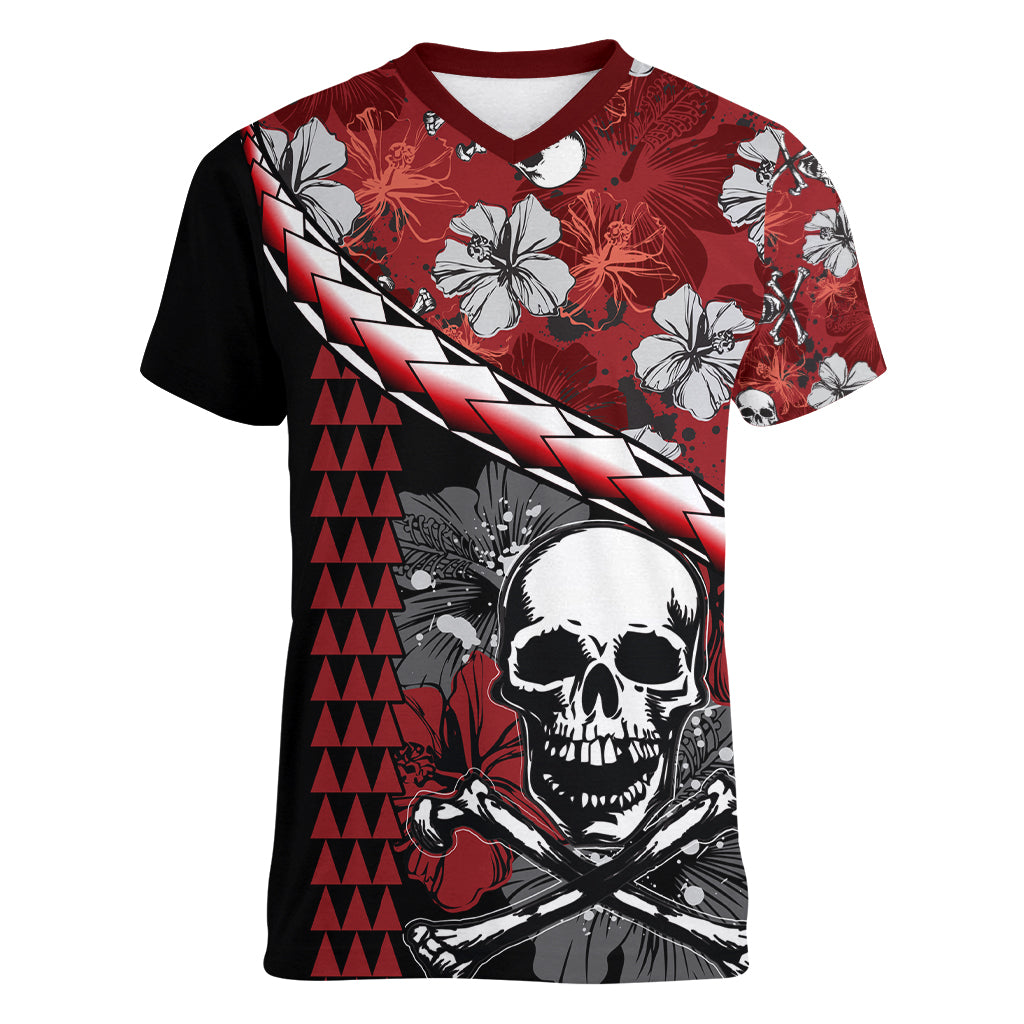 Hawaii Halloween Women V Neck T Shirt Hibiscus Skull Kakau Pattern LT01 Female Red - Polynesian Pride
