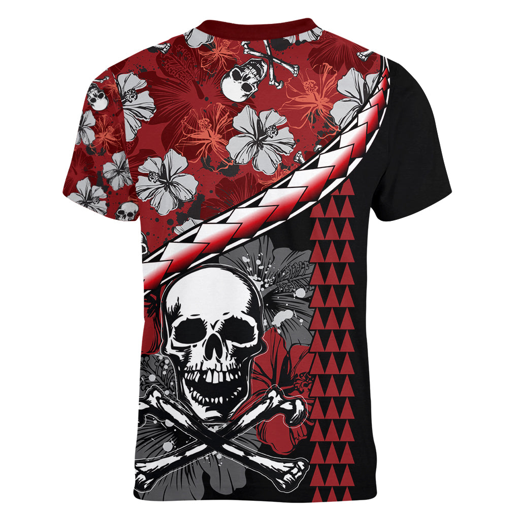 Hawaii Halloween Women V Neck T Shirt Hibiscus Skull Kakau Pattern LT01 - Polynesian Pride