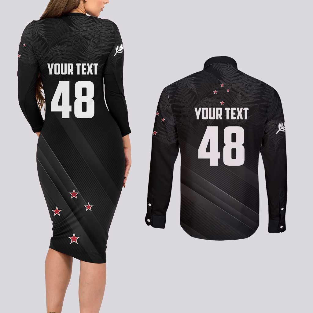 Custom New Zealand Cricket Couples Matching Long Sleeve Bodycon Dress and Long Sleeve Button Shirt Aotearoa Black Cap Come On