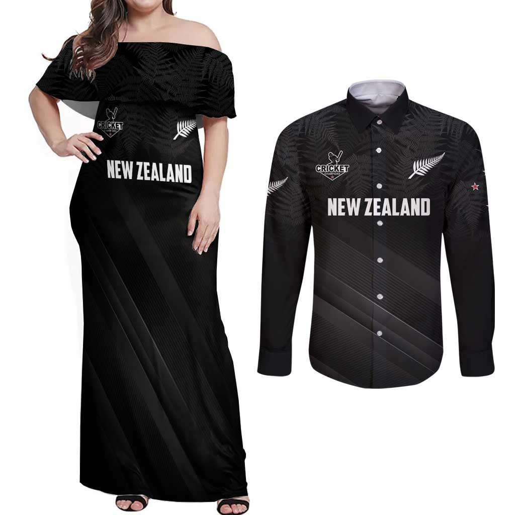 Custom New Zealand Cricket Couples Matching Off Shoulder Maxi Dress and Long Sleeve Button Shirt Aotearoa Black Cap Come On LT01 Black - Polynesian Pride