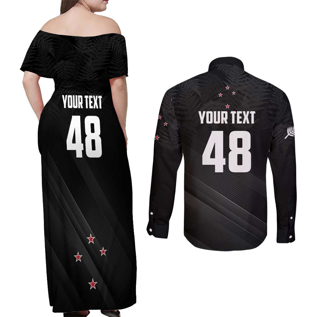 Custom New Zealand Cricket Couples Matching Off Shoulder Maxi Dress and Long Sleeve Button Shirt Aotearoa Black Cap Come On LT01 - Polynesian Pride