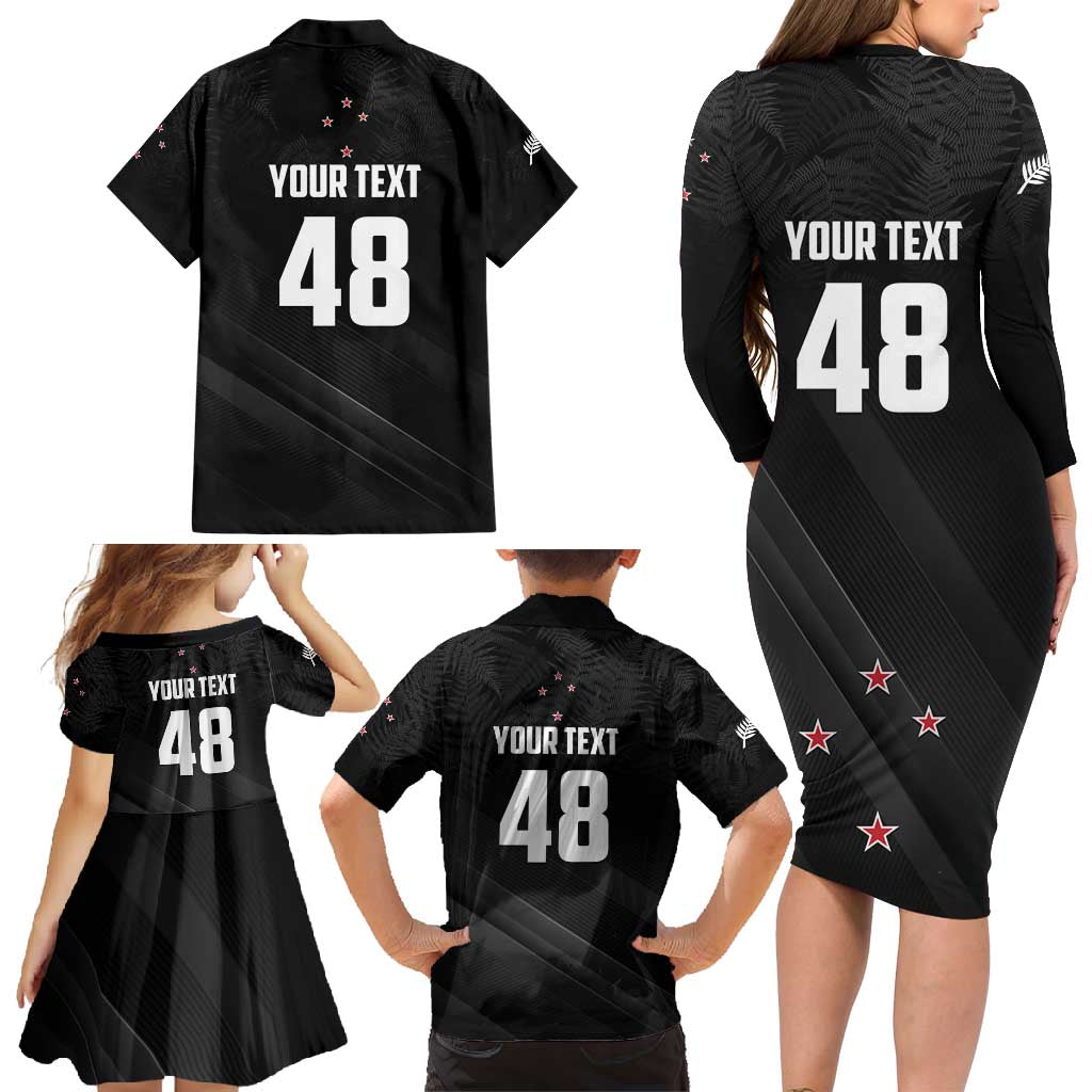 Custom New Zealand Cricket Family Matching Long Sleeve Bodycon Dress and Hawaiian Shirt Aotearoa Black Cap Come On