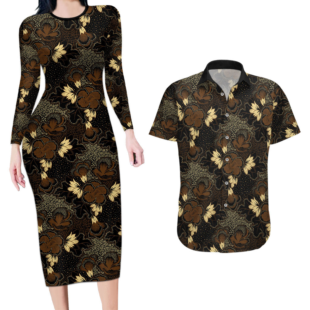 Javanese Batik Semen Couples Matching Long Sleeve Bodycon Dress and Hawaiian Shirt Indonesian Traditional Pattern