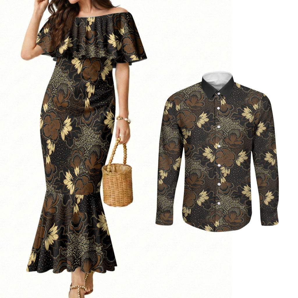 Javanese Batik Semen Couples Matching Mermaid Dress and Long Sleeve Button Shirt Indonesian Traditional Pattern LT01 Black - Polynesian Pride
