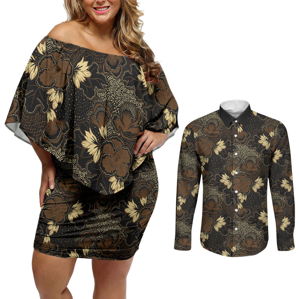 Javanese Batik Semen Couples Matching Off Shoulder Short Dress and Long Sleeve Button Shirt Indonesian Traditional Pattern LT01 Black - Polynesian Pride