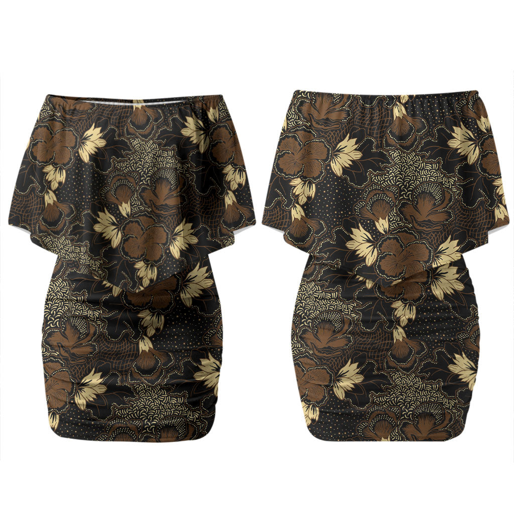 Javanese Batik Semen Couples Matching Off Shoulder Short Dress and Long Sleeve Button Shirt Indonesian Traditional Pattern LT01 - Polynesian Pride