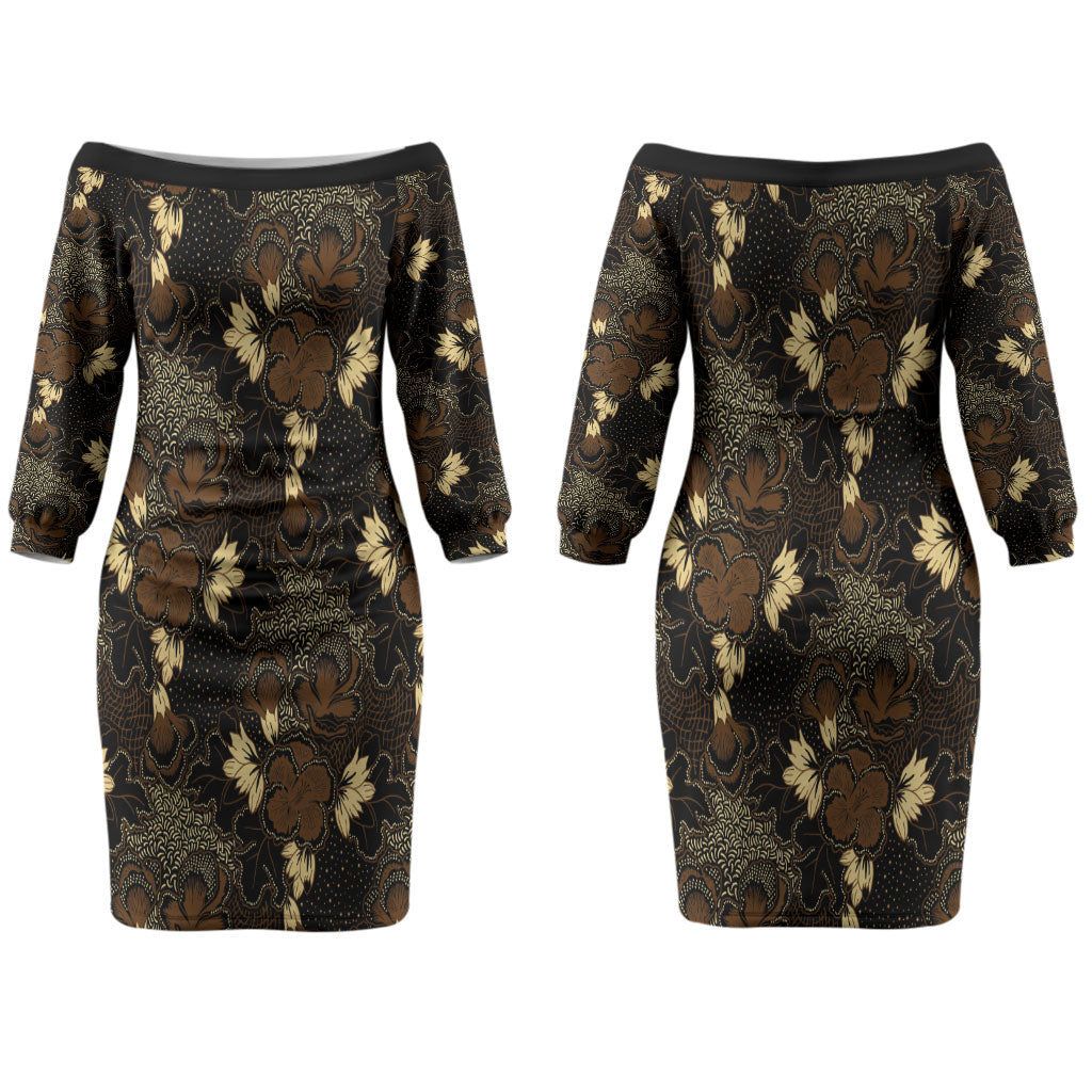 Javanese Batik Semen Couples Matching Off The Shoulder Long Sleeve Dress and Hawaiian Shirt Indonesian Traditional Pattern LT01 - Polynesian Pride
