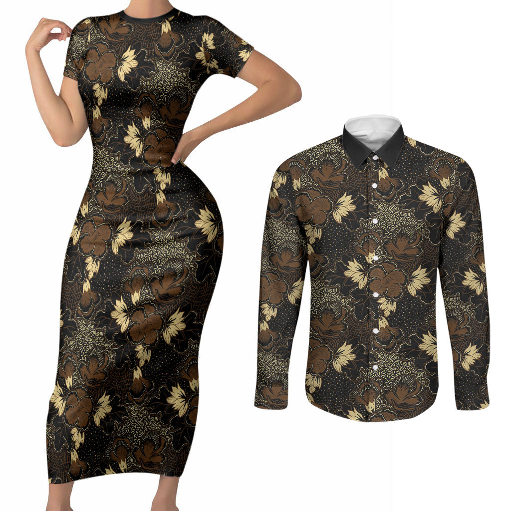 Javanese Batik Semen Couples Matching Short Sleeve Bodycon Dress and Long Sleeve Button Shirt Indonesian Traditional Pattern LT01 Black - Polynesian Pride