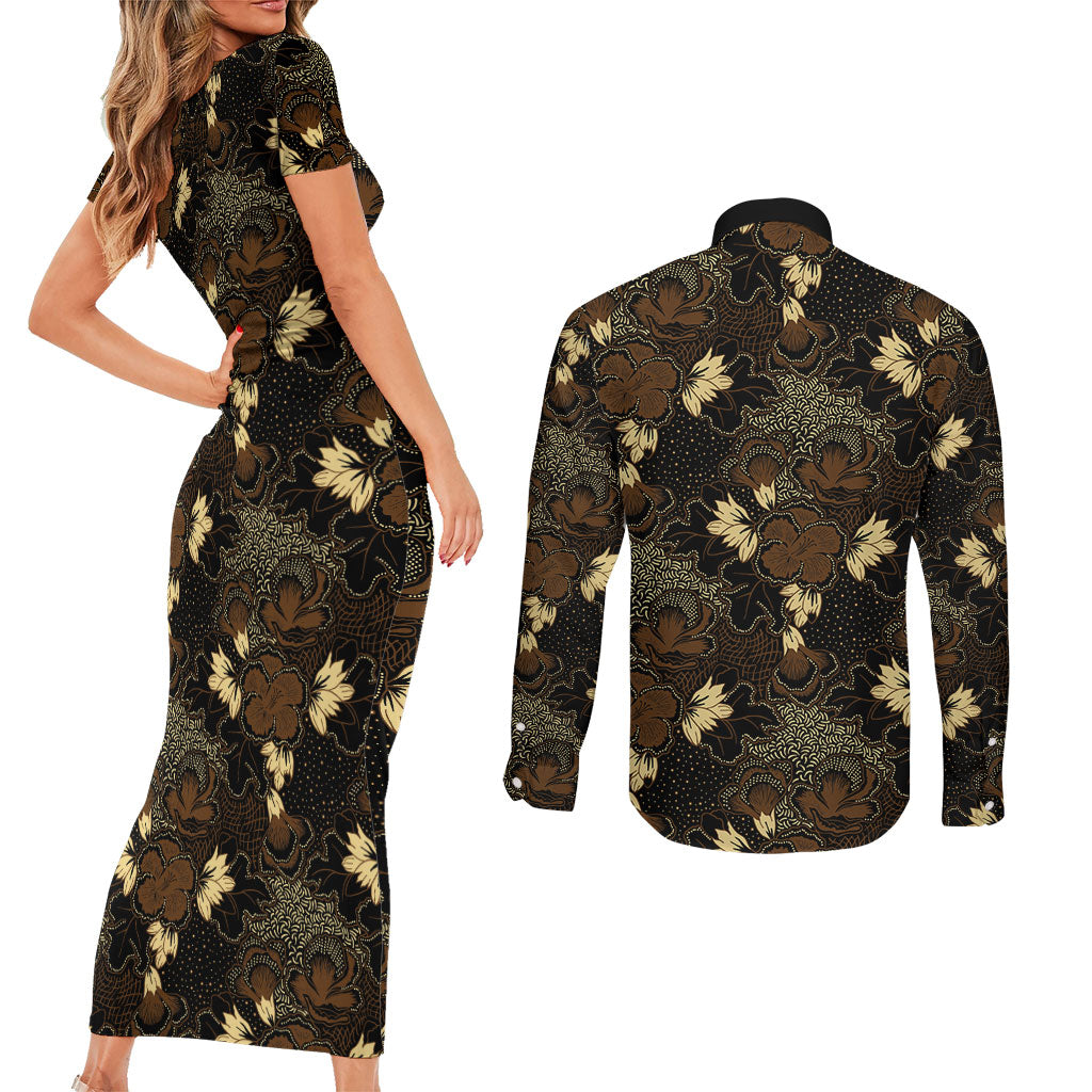 Javanese Batik Semen Couples Matching Short Sleeve Bodycon Dress and Long Sleeve Button Shirt Indonesian Traditional Pattern