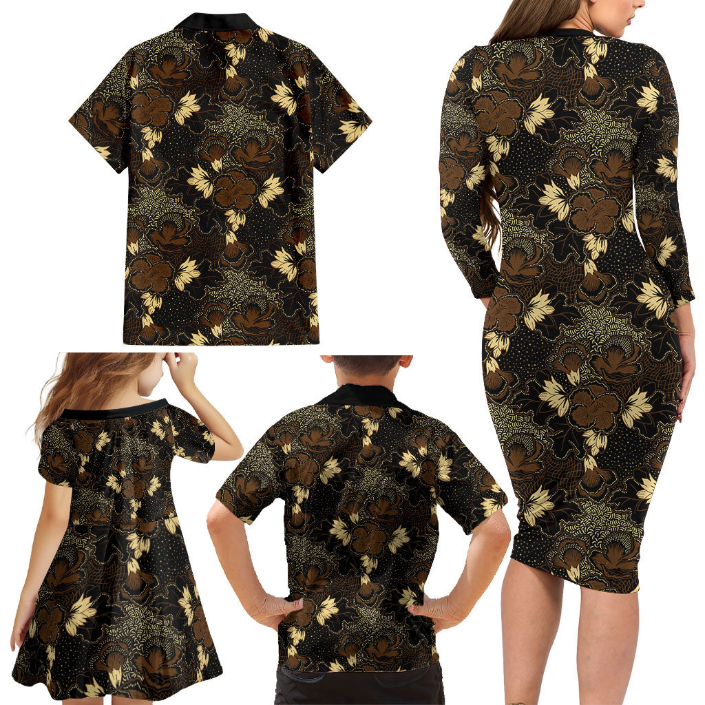 Javanese Batik Semen Family Matching Long Sleeve Bodycon Dress and Hawaiian Shirt Indonesian Traditional Pattern
