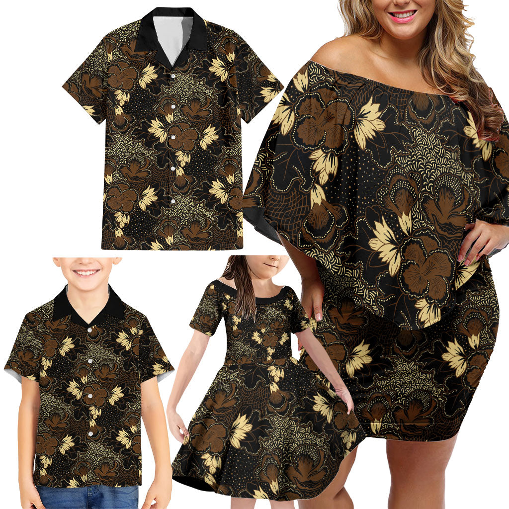 Javanese Batik Semen Family Matching Off Shoulder Short Dress and Hawaiian Shirt Indonesian Traditional Pattern
