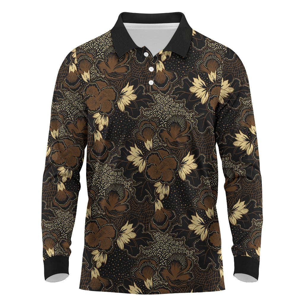 Javanese Batik Semen Long Sleeve Polo Shirt Indonesian Traditional Pattern LT01 Black - Polynesian Pride