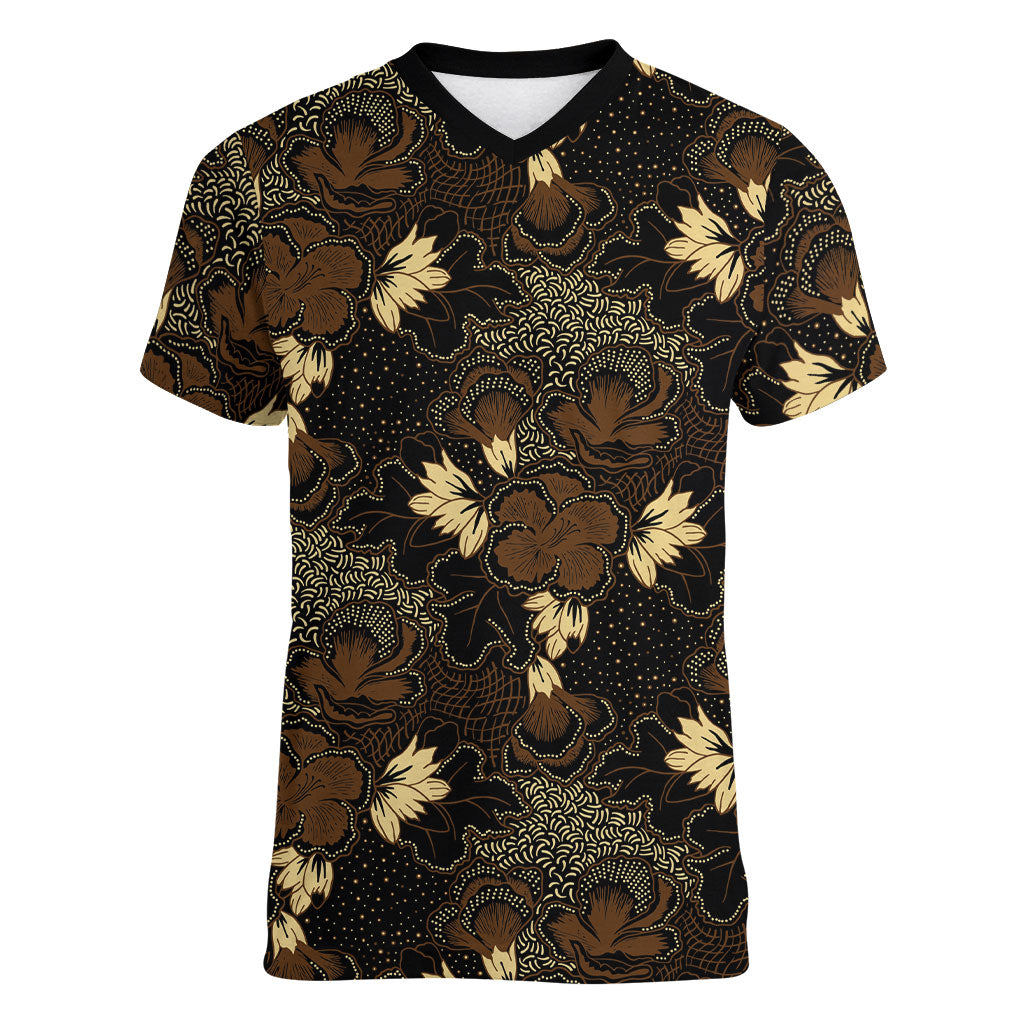 Javanese Batik Semen Women V-Neck T-Shirt Indonesian Traditional Pattern