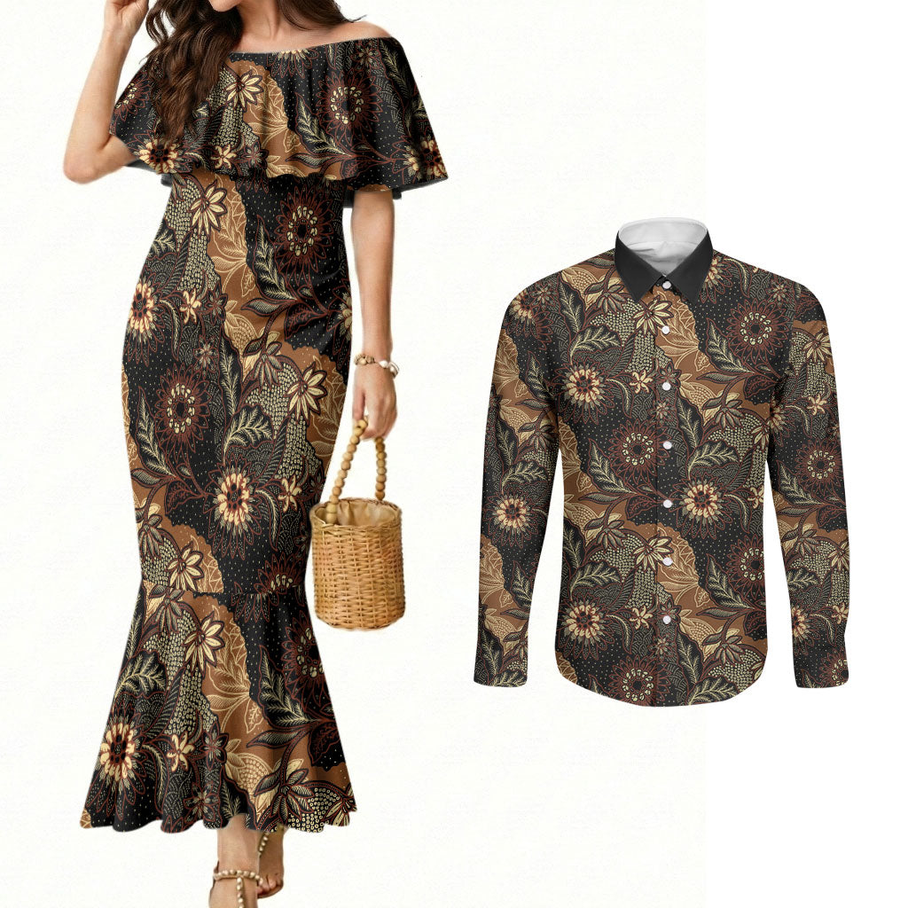 Batik Pedalaman Semen Lereng Style Couples Matching Mermaid Dress and Long Sleeve Button Shirt Indonesian Traditional Pattern LT01 Black - Polynesian Pride
