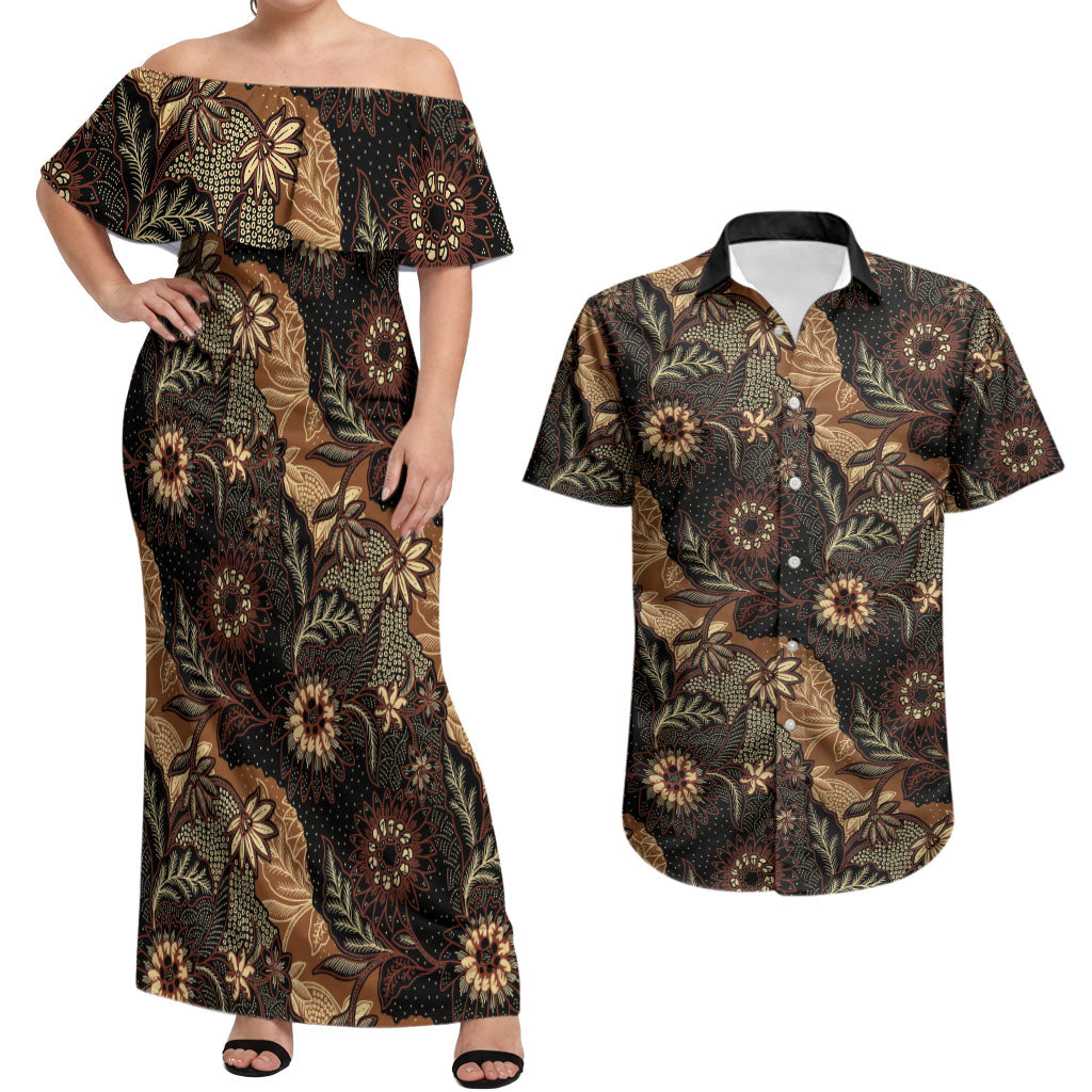 Batik Pedalaman Semen Lereng Style Couples Matching Off Shoulder Maxi Dress and Hawaiian Shirt Indonesian Traditional Pattern LT01 Black - Polynesian Pride