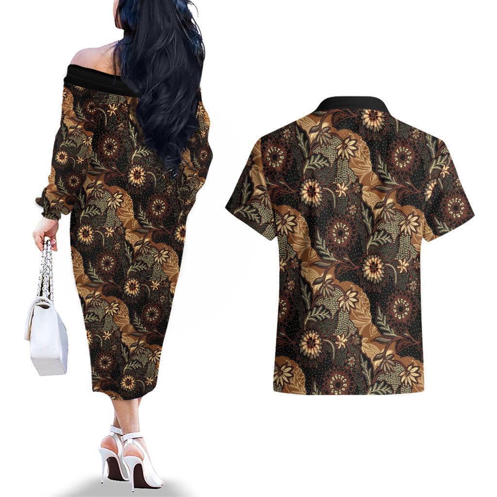 Batik Pedalaman Semen Lereng Style Couples Matching Off The Shoulder Long Sleeve Dress and Hawaiian Shirt Indonesian Traditional Pattern