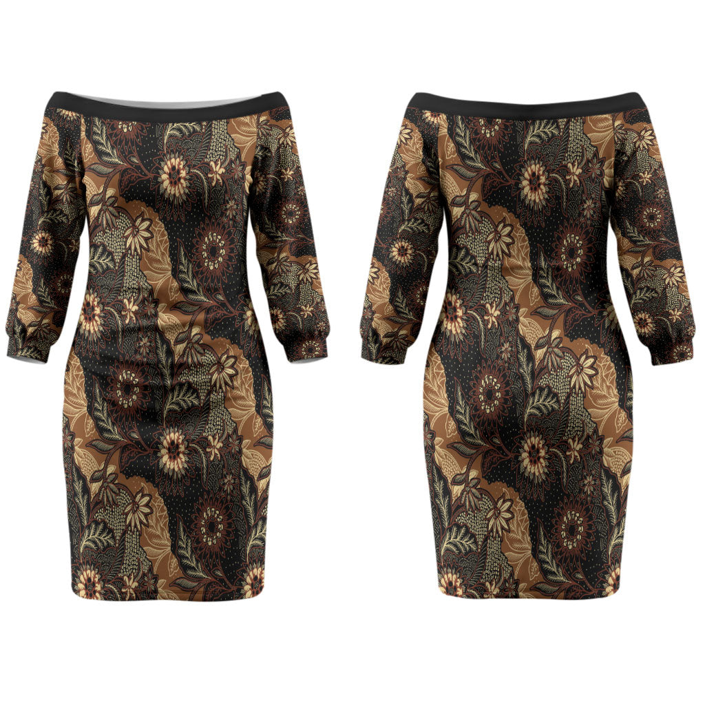 Batik Pedalaman Semen Lereng Style Couples Matching Off The Shoulder Long Sleeve Dress and Hawaiian Shirt Indonesian Traditional Pattern LT01 - Polynesian Pride