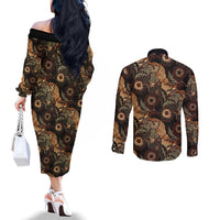 Batik Pedalaman Semen Lereng Style Couples Matching Off The Shoulder Long Sleeve Dress and Long Sleeve Button Shirt Indonesian Traditional Pattern