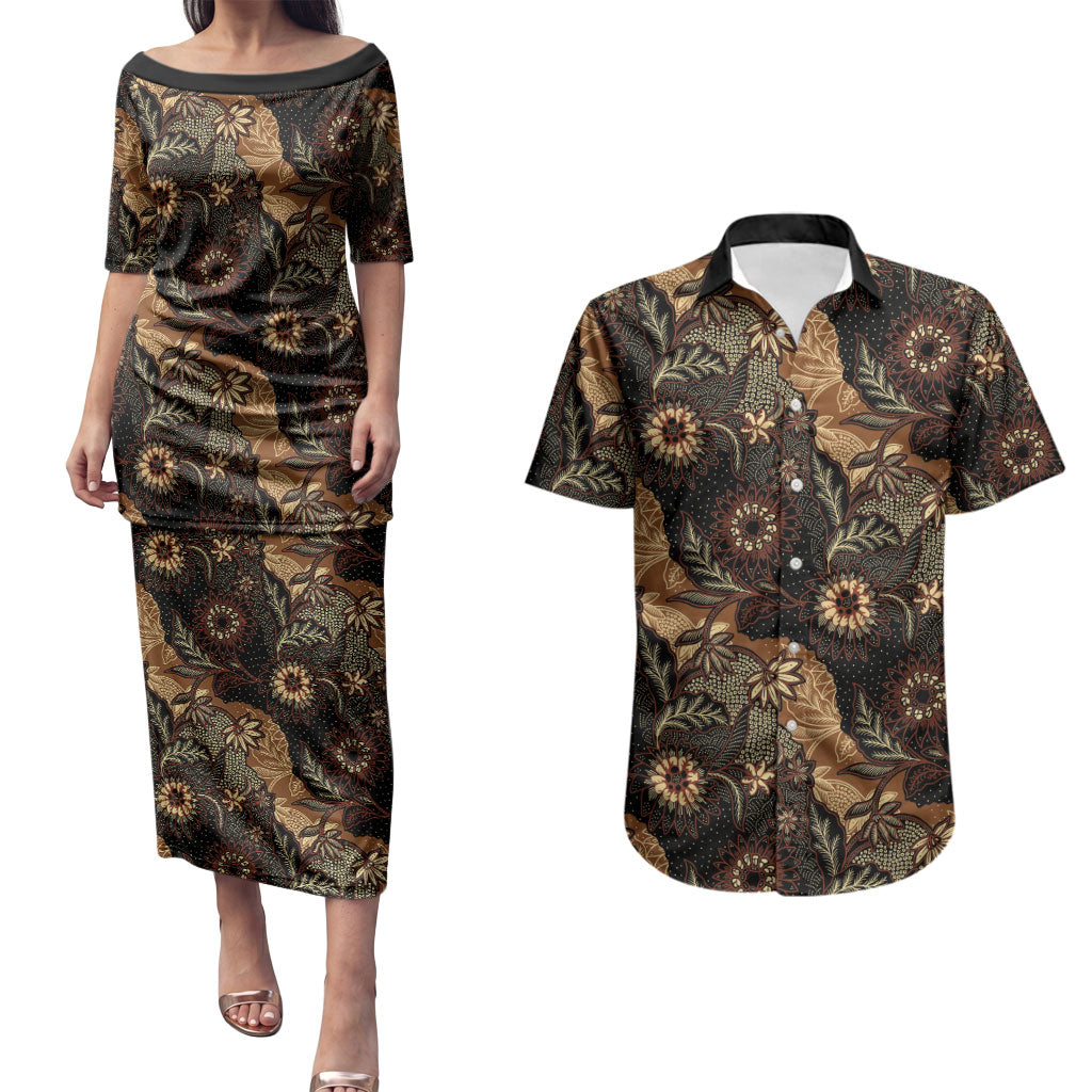 Batik Pedalaman Semen Lereng Style Couples Matching Puletasi and Hawaiian Shirt Indonesian Traditional Pattern LT01 Black - Polynesian Pride