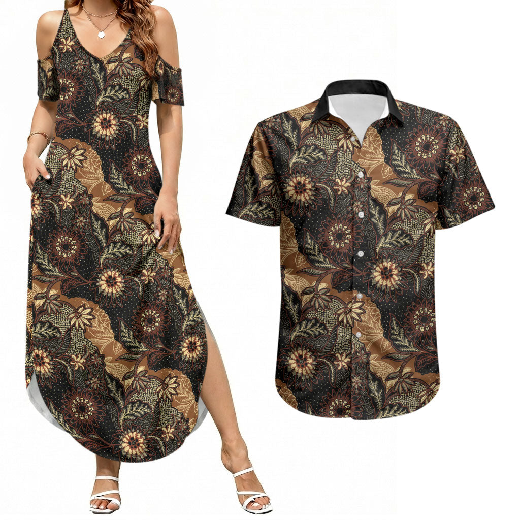 Batik Pedalaman Semen Lereng Style Couples Matching Summer Maxi Dress and Hawaiian Shirt Indonesian Traditional Pattern LT01 Black - Polynesian Pride
