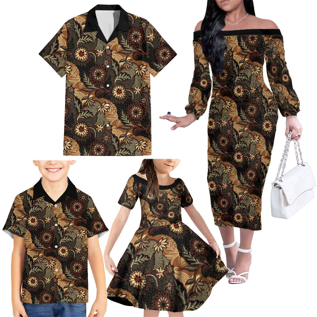 Batik Pedalaman Semen Lereng Style Family Matching Off The Shoulder Long Sleeve Dress and Hawaiian Shirt Indonesian Traditional Pattern