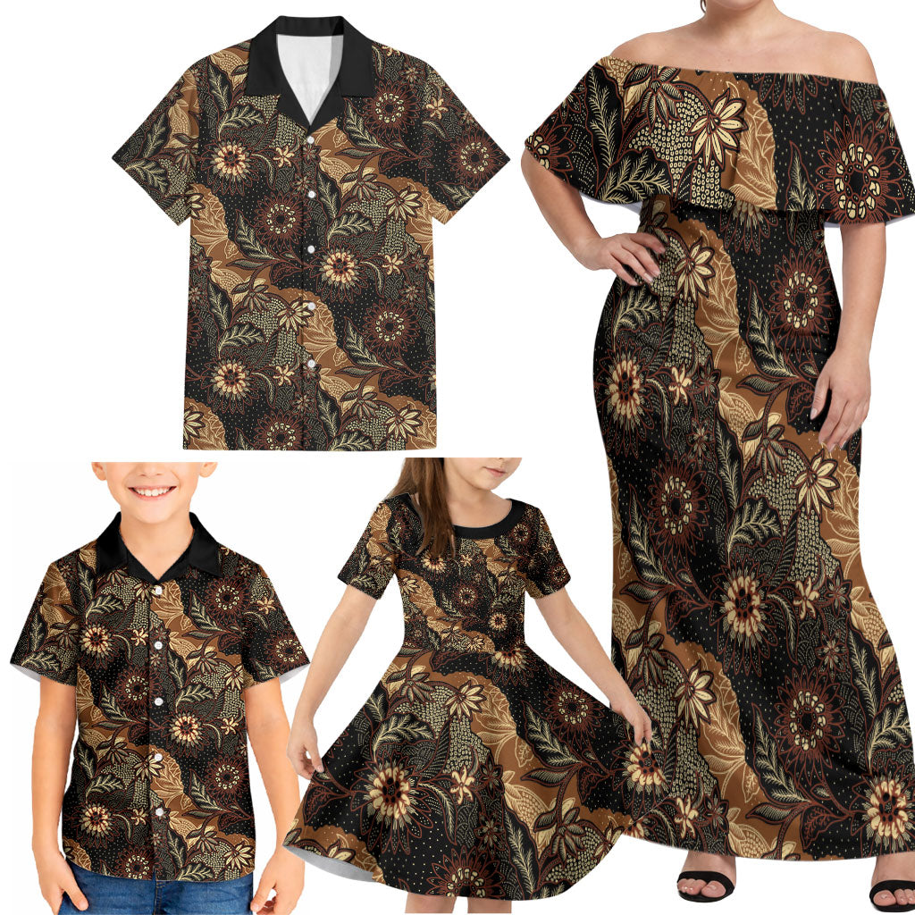 Batik Pedalaman Semen Lereng Style Family Matching Off Shoulder Maxi Dress and Hawaiian Shirt Indonesian Traditional Pattern LT01 - Polynesian Pride