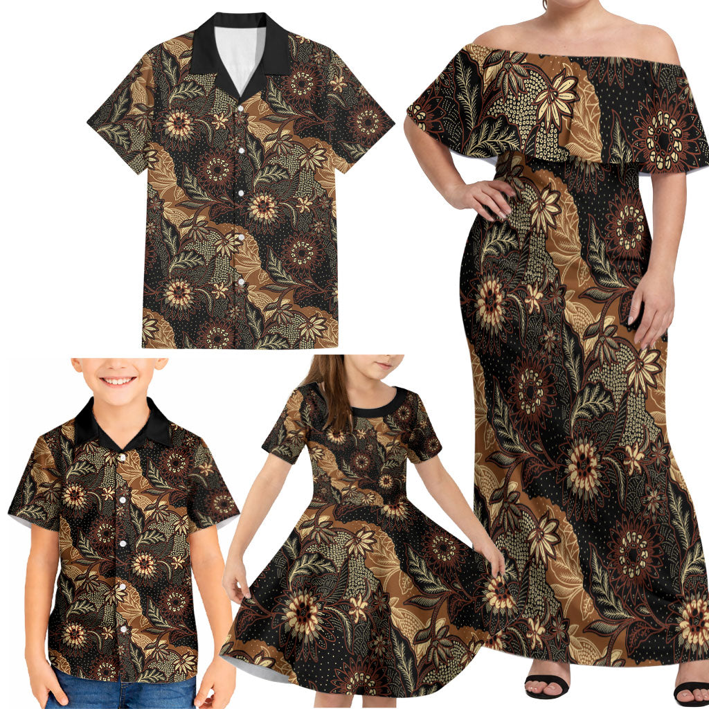 Batik Pedalaman Semen Lereng Style Family Matching Off Shoulder Maxi Dress and Hawaiian Shirt Indonesian Traditional Pattern LT01 - Polynesian Pride
