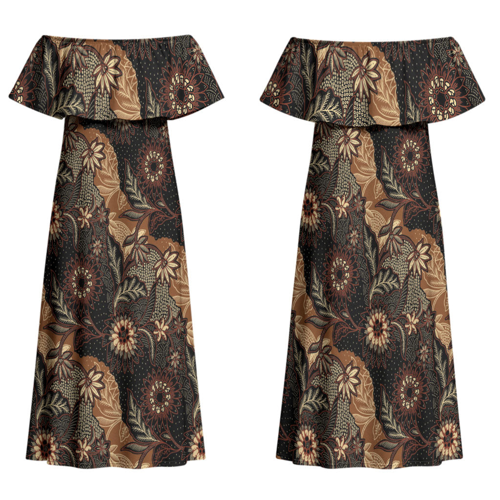 Batik Pedalaman Semen Lereng Style Family Matching Off Shoulder Maxi Dress and Hawaiian Shirt Indonesian Traditional Pattern LT01 Mom's Dress Black - Polynesian Pride
