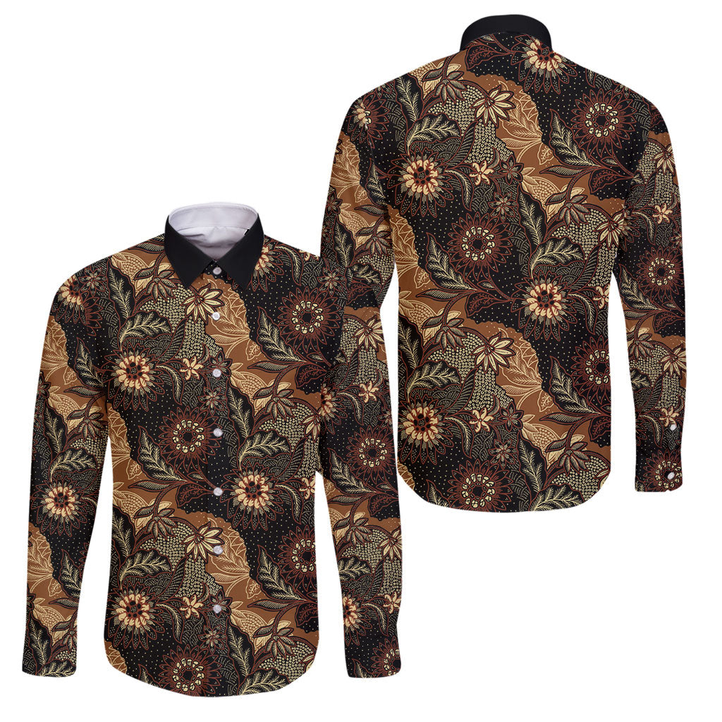 Batik Pedalaman Semen Lereng Style Family Matching Off Shoulder Maxi Dress and Hawaiian Shirt Indonesian Traditional Pattern LT01 Dad's Shirt - Long Sleeve Black - Polynesian Pride