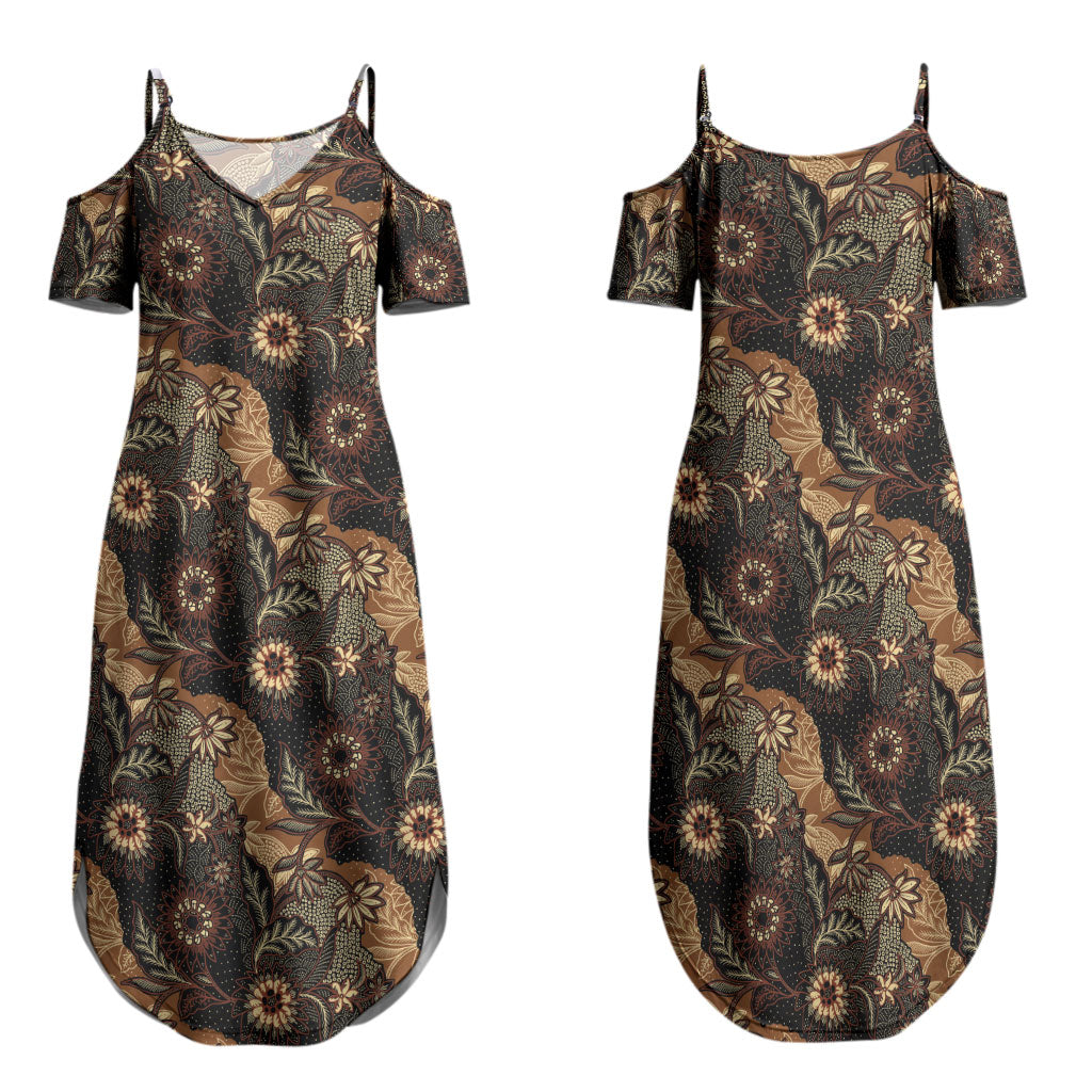 Batik Pedalaman Semen Lereng Style Family Matching Summer Maxi Dress and Hawaiian Shirt Indonesian Traditional Pattern LT01 Mom's Dress Black - Polynesian Pride