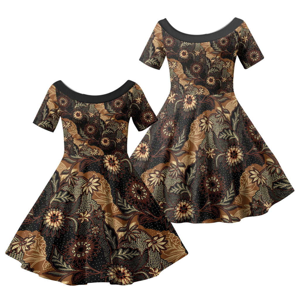 Batik Pedalaman Semen Lereng Style Family Matching Summer Maxi Dress and Hawaiian Shirt Indonesian Traditional Pattern LT01 Daughter's Dress Black - Polynesian Pride