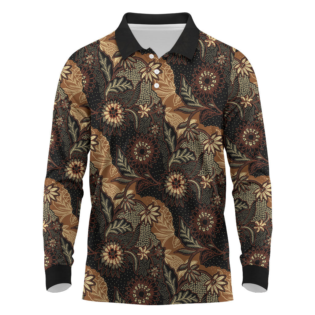 Batik Pedalaman Semen Lereng Style Long Sleeve Polo Shirt Indonesian Traditional Pattern LT01 Black - Polynesian Pride