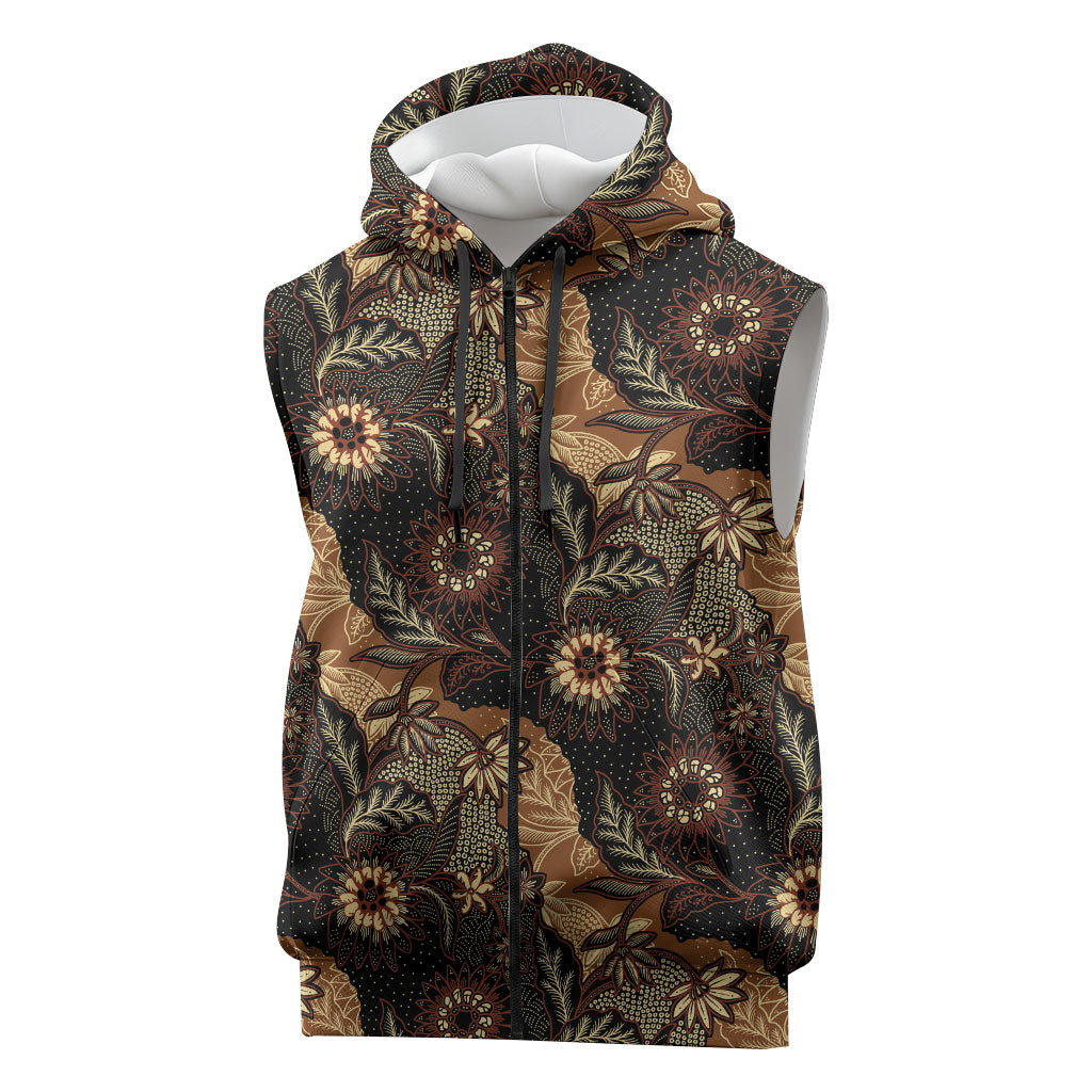 Batik Pedalaman Semen Lereng Style Sleeveless Zip Hoodie Indonesian Traditional Pattern LT01 Black - Polynesian Pride