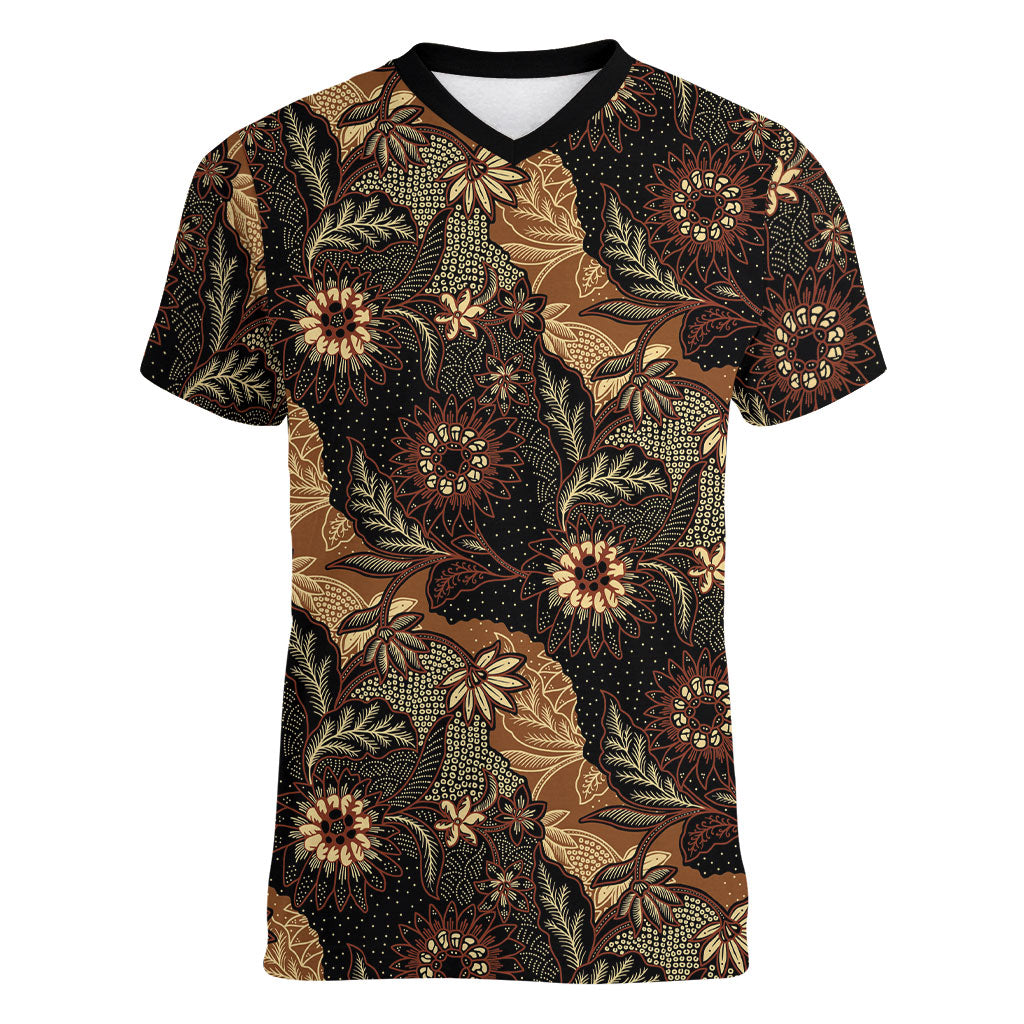 Batik Pedalaman Semen Lereng Style Women V-Neck T-Shirt Indonesian Traditional Pattern LT01 Female Black - Polynesian Pride