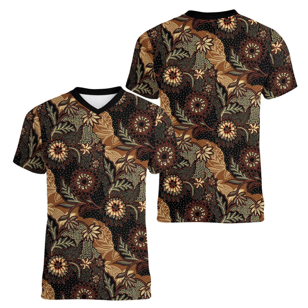Batik Pedalaman Semen Lereng Style Women V-Neck T-Shirt Indonesian Traditional Pattern LT01 - Polynesian Pride