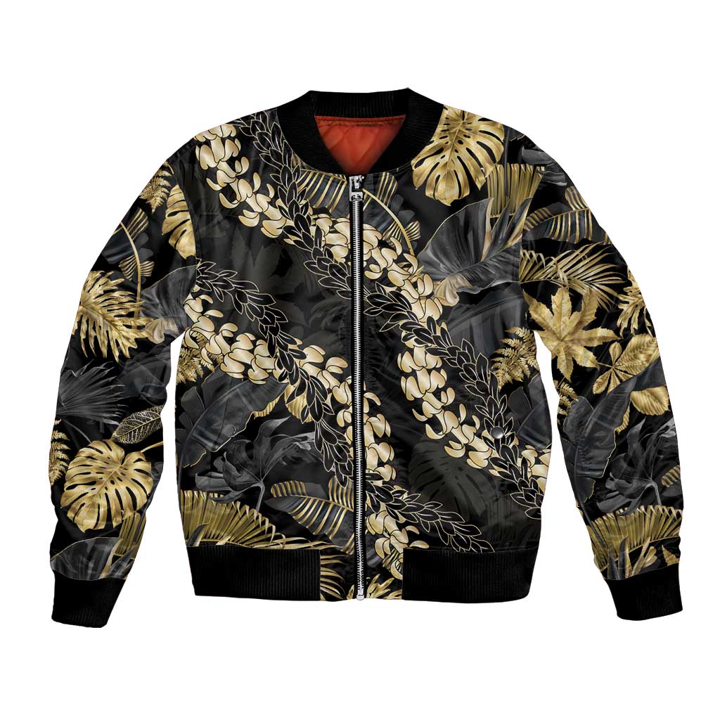 Gold Tropical Leaves Hawaii Mikioi Lei Bomber Jacket Luxury Stylized - Polynesian Pride