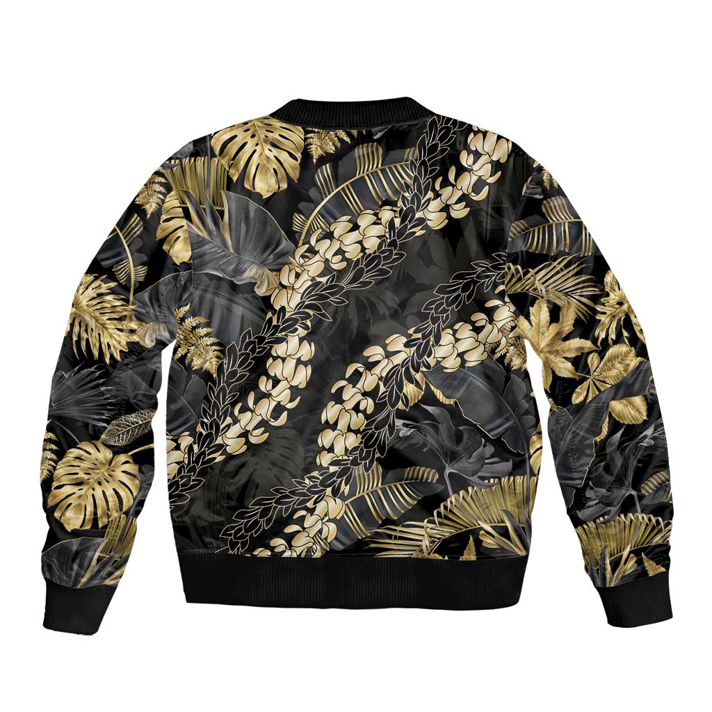 Gold Tropical Leaves Hawaii Mikioi Lei Bomber Jacket Luxury Stylized - Polynesian Pride