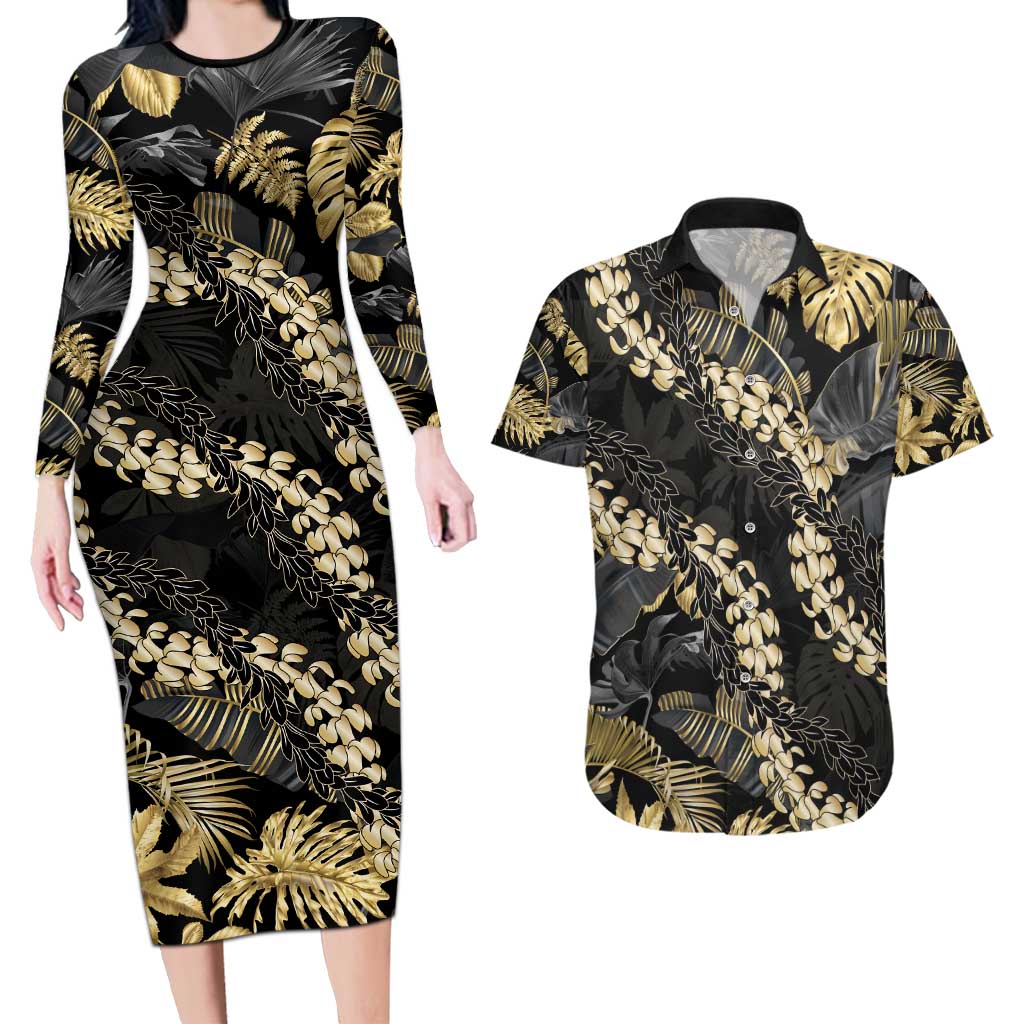 Gold Tropical Leaves Hawaii Mikioi Lei Couples Matching Long Sleeve Bodycon Dress and Hawaiian Shirt Luxury Stylized - Polynesian Pride