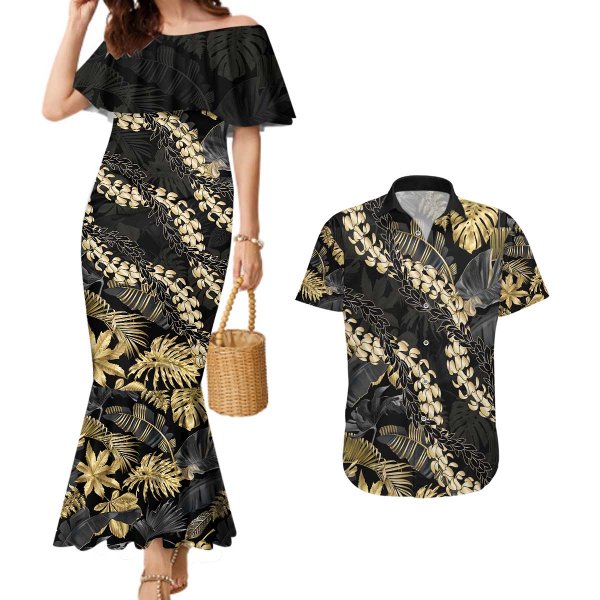 Gold Tropical Leaves Hawaii Mikioi Lei Couples Matching Mermaid Dress and Hawaiian Shirt Luxury Stylized - Polynesian Pride