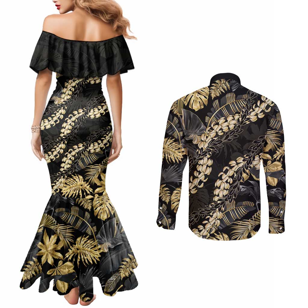 Gold Tropical Leaves Hawaii Mikioi Lei Couples Matching Mermaid Dress and Long Sleeve Button Shirt Luxury Stylized - Polynesian Pride