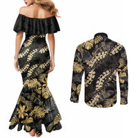 Gold Tropical Leaves Hawaii Mikioi Lei Couples Matching Mermaid Dress and Long Sleeve Button Shirt Luxury Stylized - Polynesian Pride