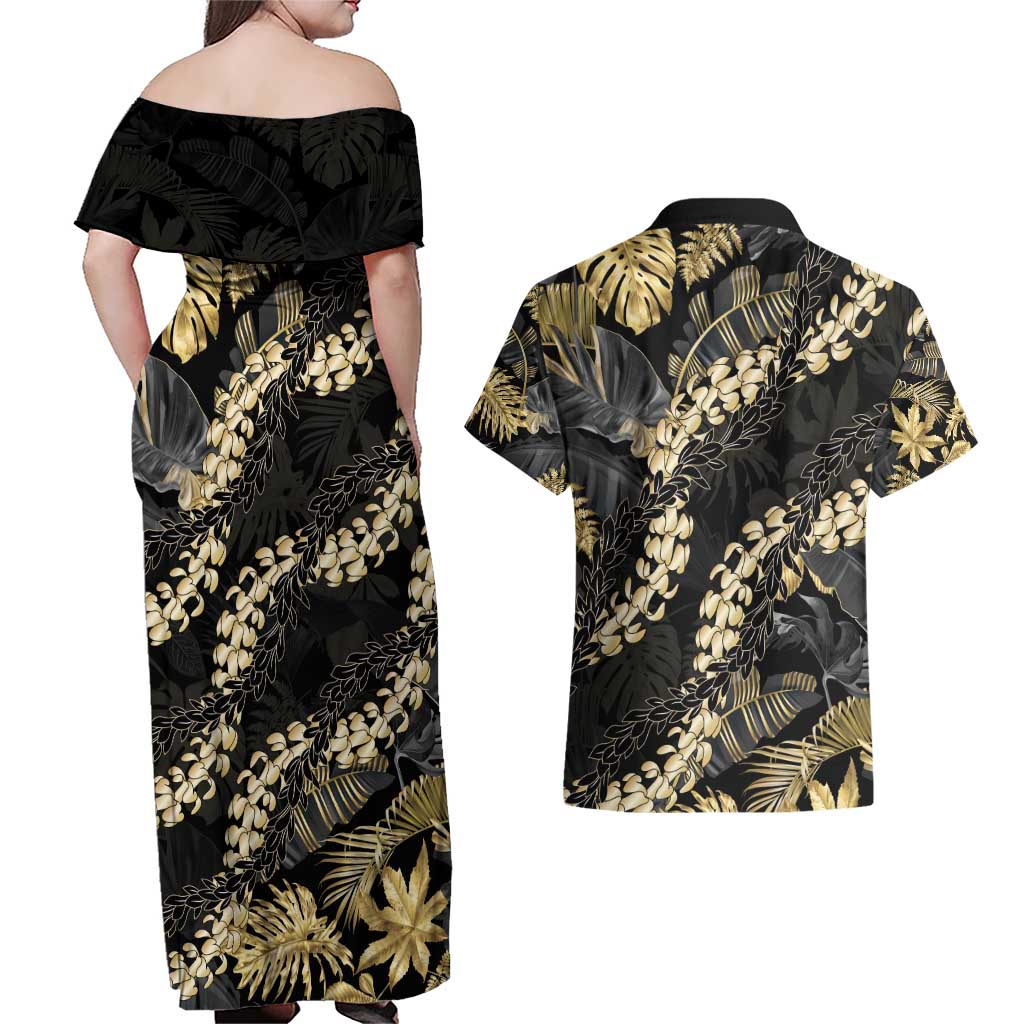Gold Tropical Leaves Hawaii Mikioi Lei Couples Matching Off Shoulder Maxi Dress and Hawaiian Shirt Luxury Stylized - Polynesian Pride