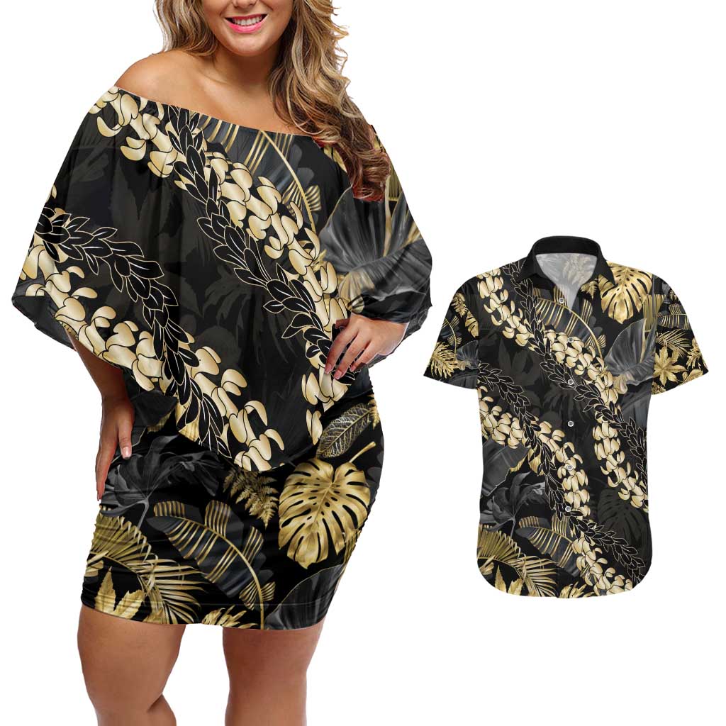 Gold Tropical Leaves Hawaii Mikioi Lei Couples Matching Off Shoulder Short Dress and Hawaiian Shirt Luxury Stylized - Polynesian Pride