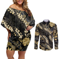 Gold Tropical Leaves Hawaii Mikioi Lei Couples Matching Off Shoulder Short Dress and Long Sleeve Button Shirt Luxury Stylized - Polynesian Pride