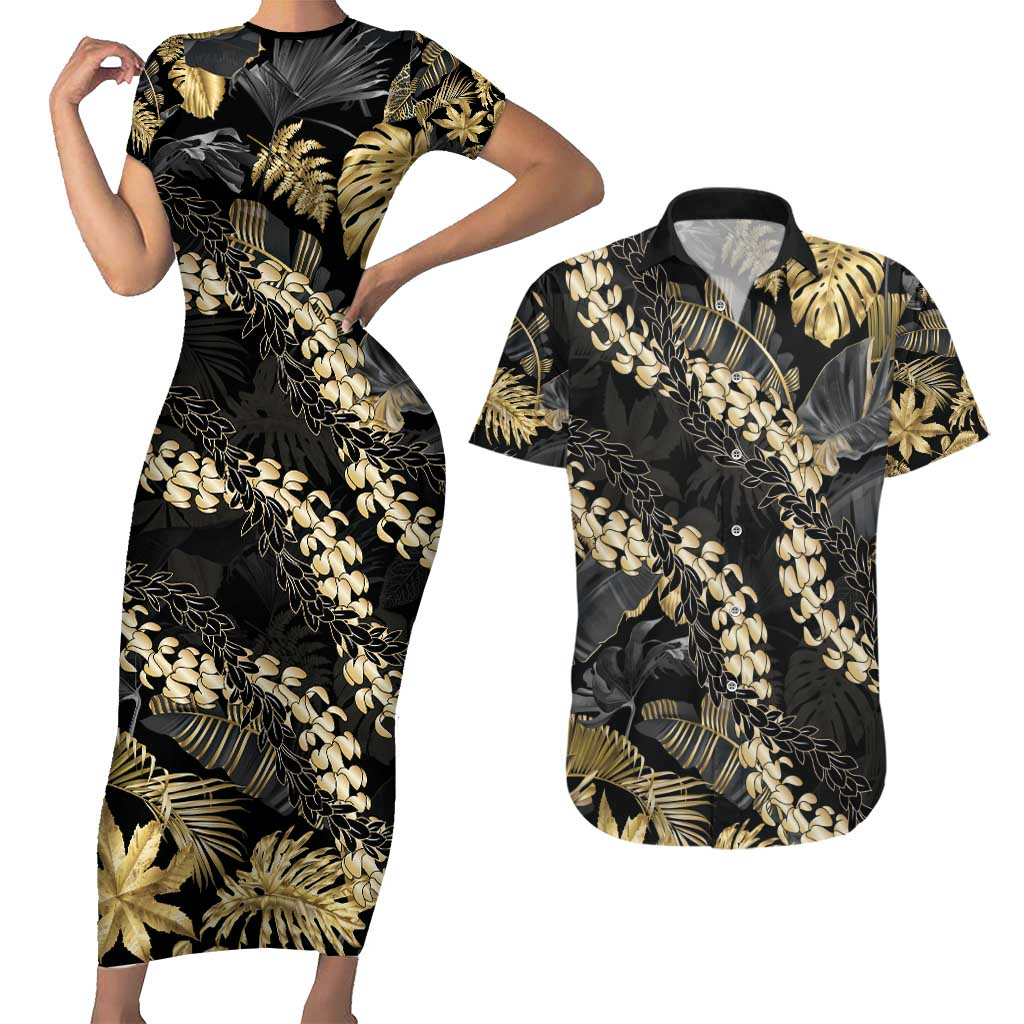 Gold Tropical Leaves Hawaii Mikioi Lei Couples Matching Short Sleeve Bodycon Dress and Hawaiian Shirt Luxury Stylized - Polynesian Pride