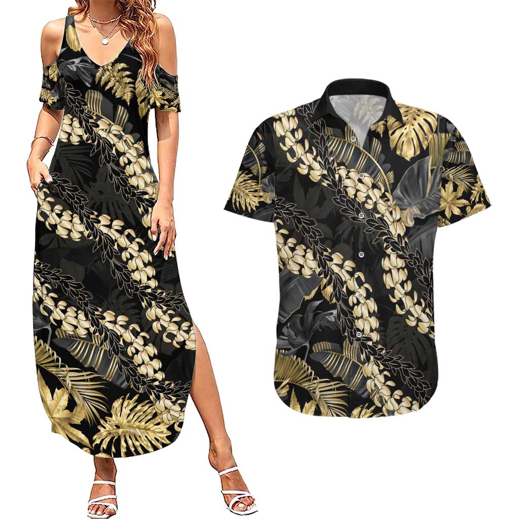 Gold Tropical Leaves Hawaii Mikioi Lei Couples Matching Summer Maxi Dress and Hawaiian Shirt Luxury Stylized - Polynesian Pride